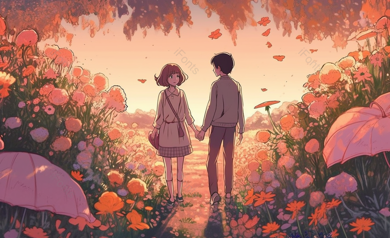 花海线条风情侣约会牵手说会插画,插画/手绘图,插画/手绘图库,插画/手绘图下载,插画/手绘